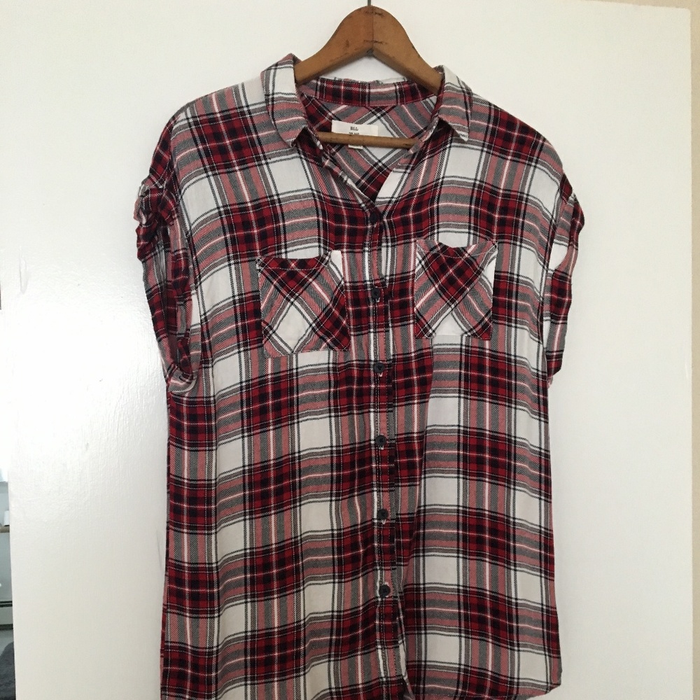 BLL NEW YORK Red White Plaid Button-Up Rolled Cap Sleeve Drop Shoulder Shirt